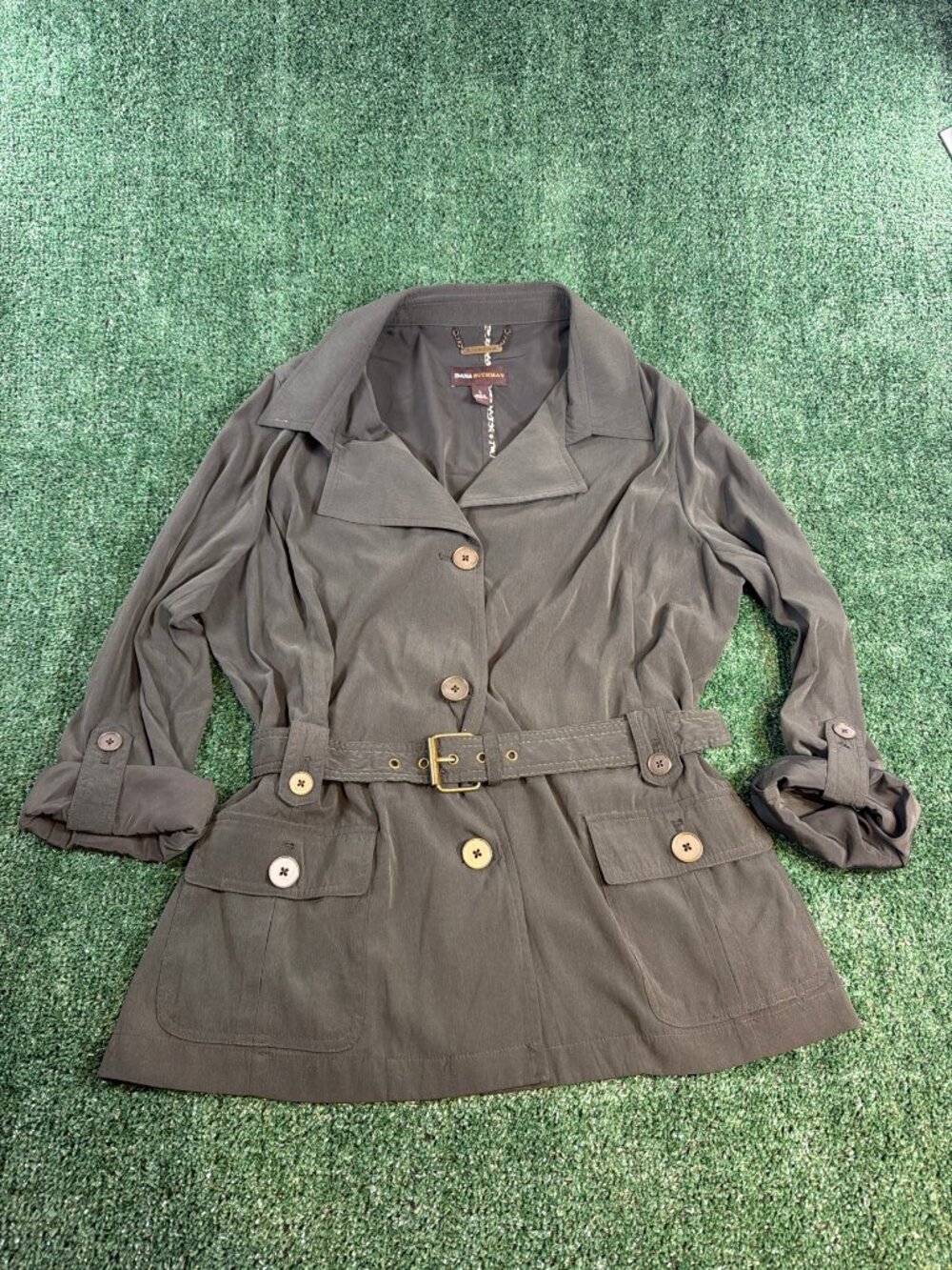 Dana Buchman Womens Belted Trench Jacket Olive Gray L